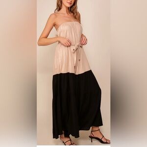NWT Lumiere Strapless Linen Blend Column‎ Maxi Dress, Colorblock Tan & Black - L